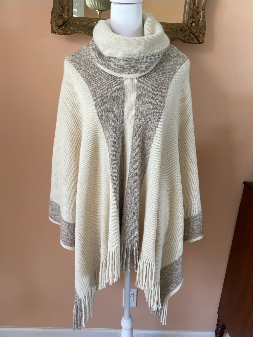 Soft & Cozy Acrylic Cream & Taupe Turtleneck Fringe Poncho Sweater M/L